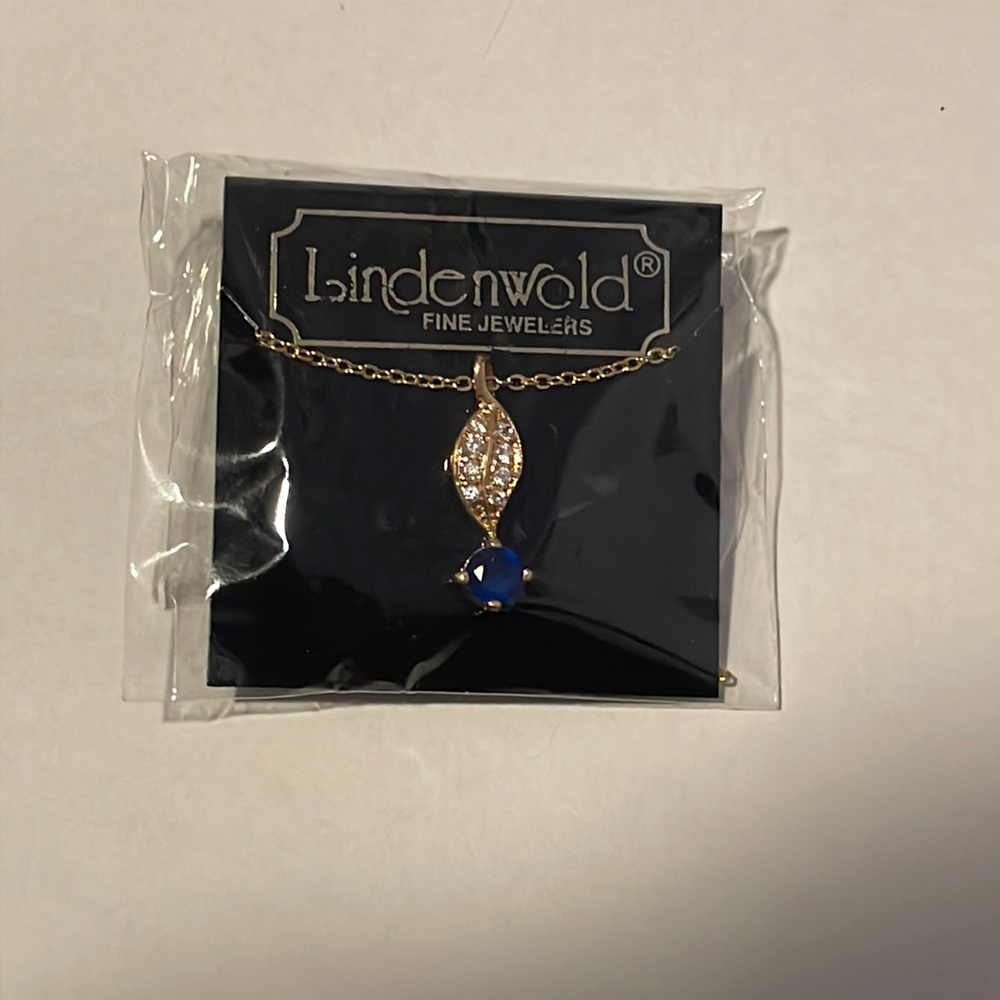 Lindenwold Fine Jewelry Sapphire Blue Crystal Leaf Necklace Pendant NOS 14KGE